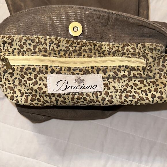 Braciano Metallic Canvas Tan Brown Leather Combo Hobo Shoulder Bag Purse - Picture 11 of 16